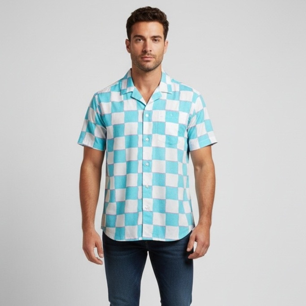 Chubbies Button Up Shirt Men M Turquoise White Short Sleeve Checkered Pattern